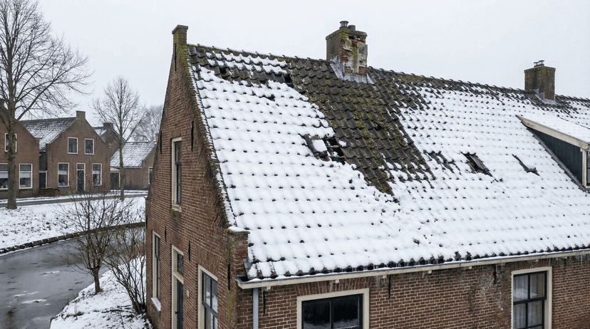 Dak met sneeuw dat aan renovatie toe is