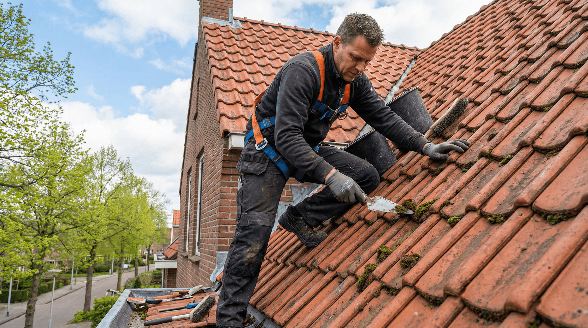 Dakdekker voert dakonderhoud uit op een schuindak