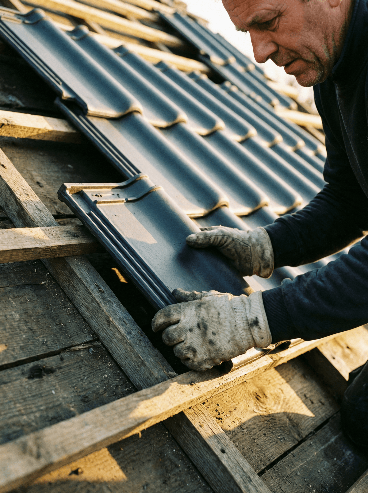 Dakdekker plaatst nieuwe dakpannen tijdens een dakrenovatie